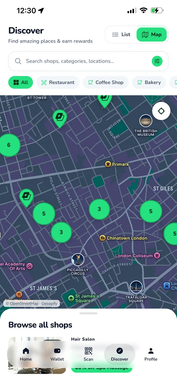 The Discover map, with nearby venues pinned across the city