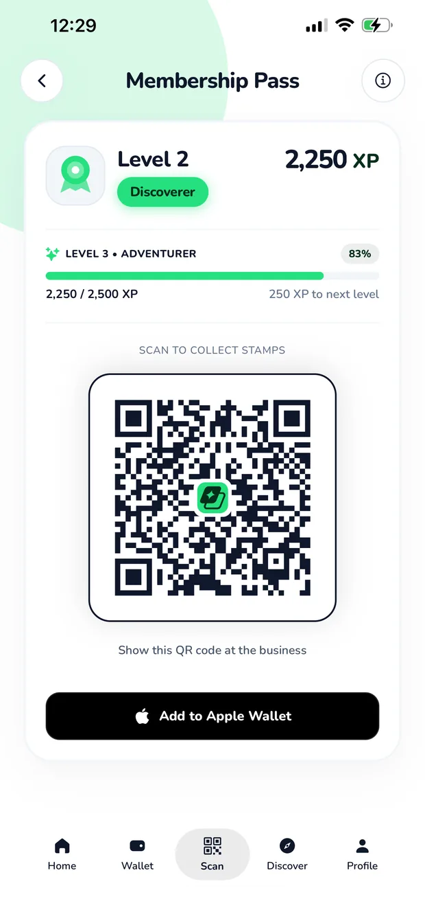 The membership pass screen with the QR code you show at the counter
