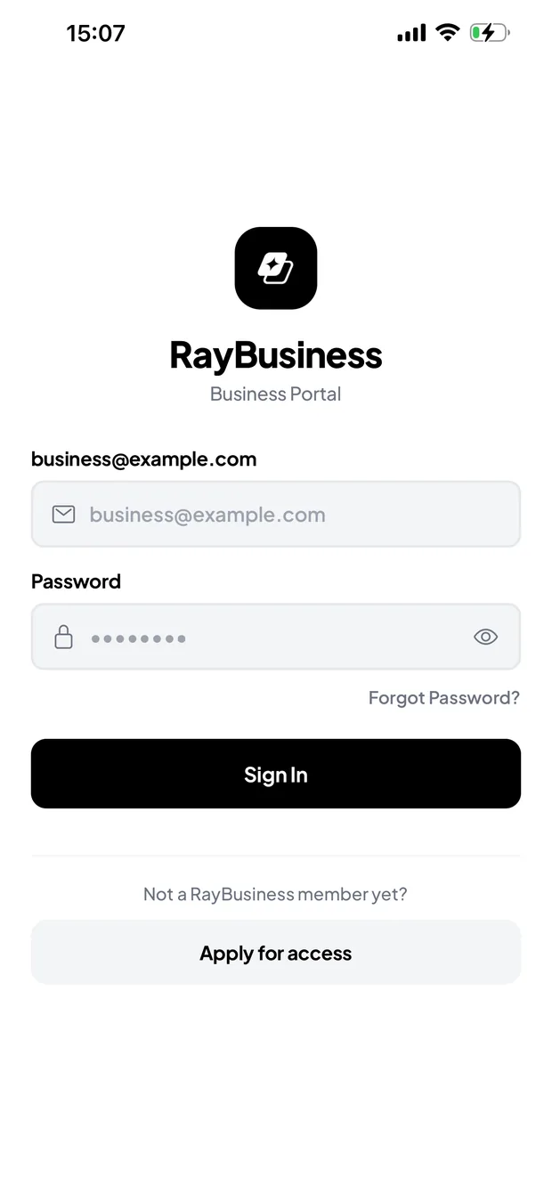 RayPass İşletme giriş ekranı